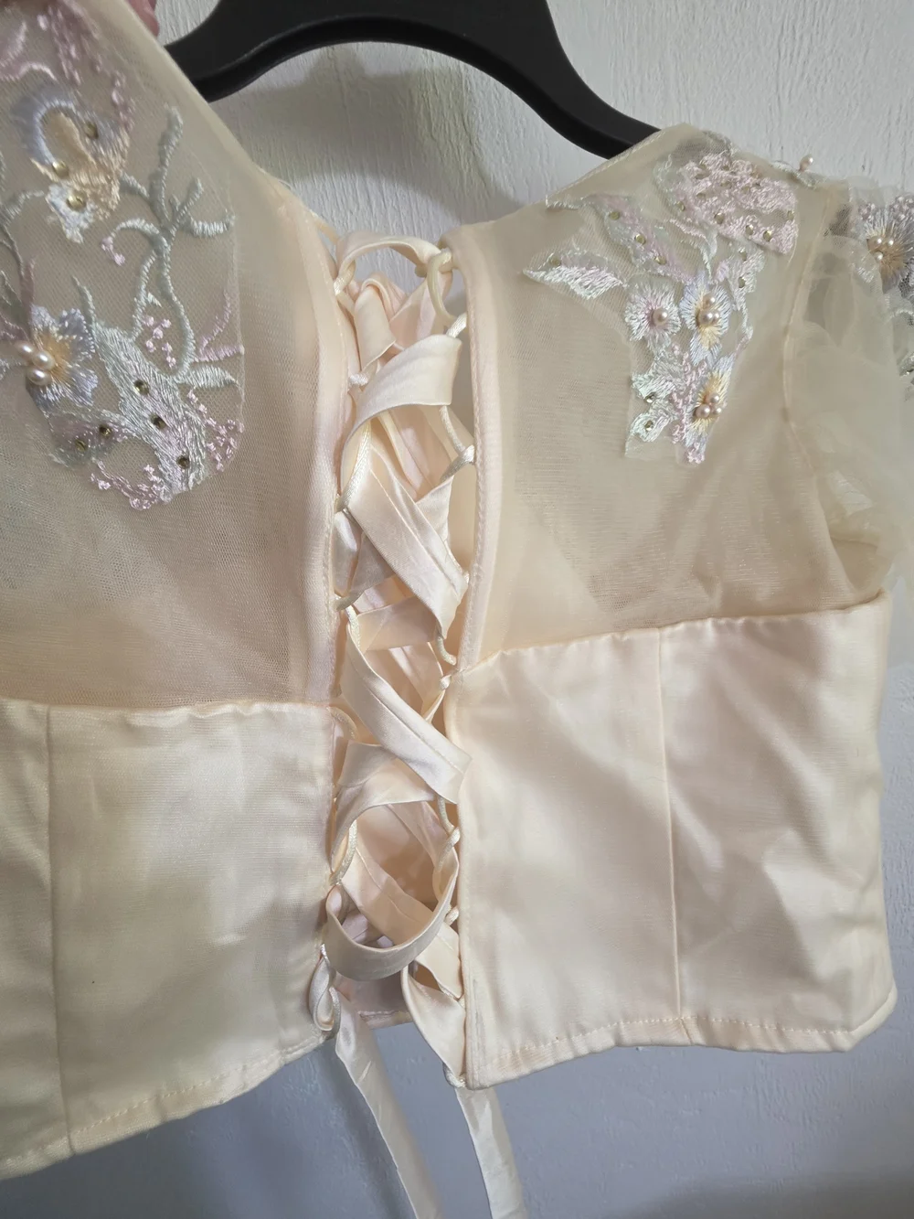 Fairycore 3D Flower Applique Top | Pastel Beaded Bridal Bustier Blouse | Sheer